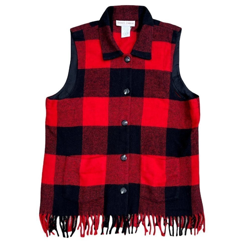 SWEET JESSIE Women's Vintage Wool Fringe Lumberjack Flannel Sleeveless Shirt  L 